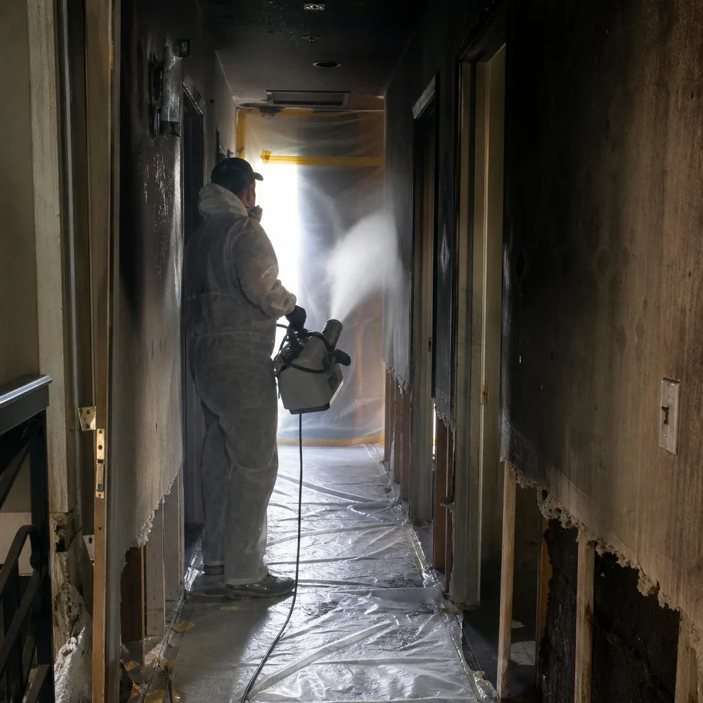 Technician using fogging machine for professional fire and smoke damage restoration