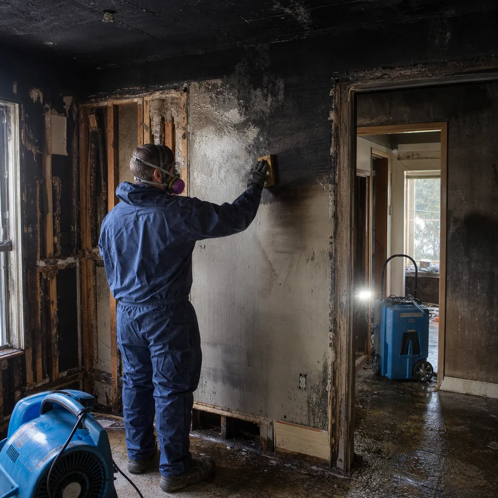 Professional performing fire and smoke damage restoration cleaning on a charred wall