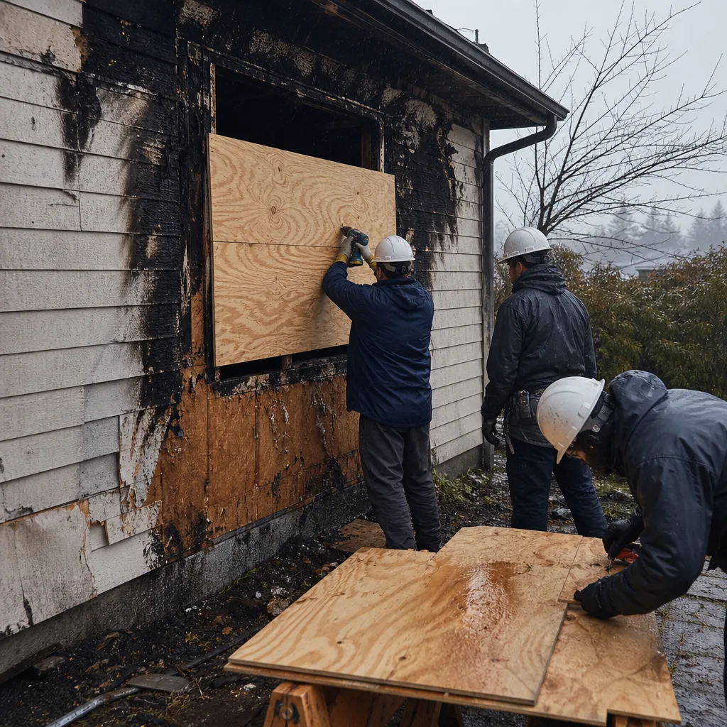 Workers performing fire and smoke damage restoration and boarding up windows