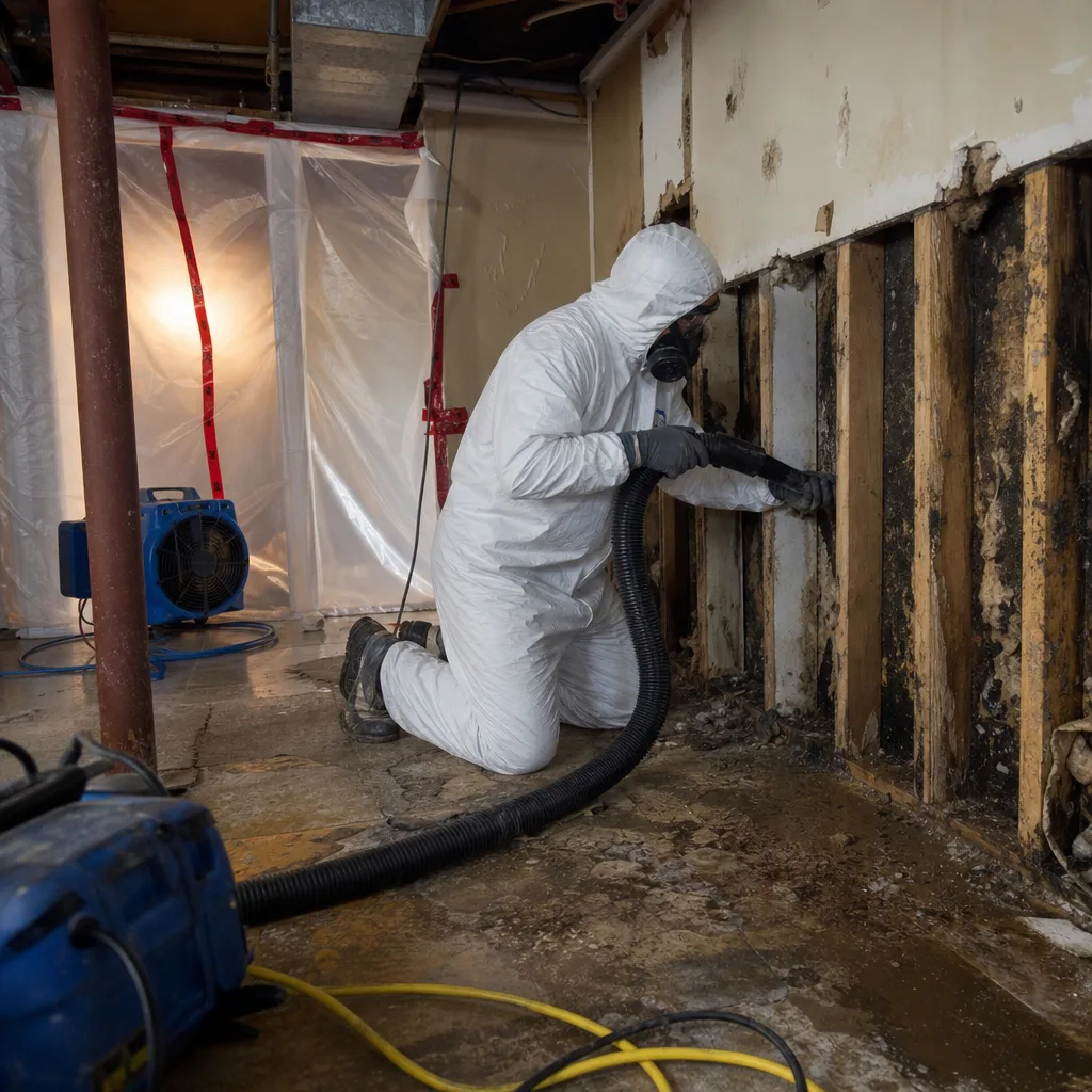 Technician in protective gear performing professional mold remediation on basement wall studs