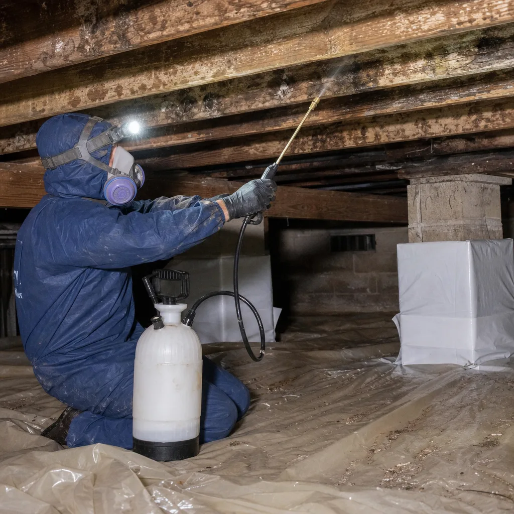 Technician in protective suit applying mold remediation treatment to crawl space joists.