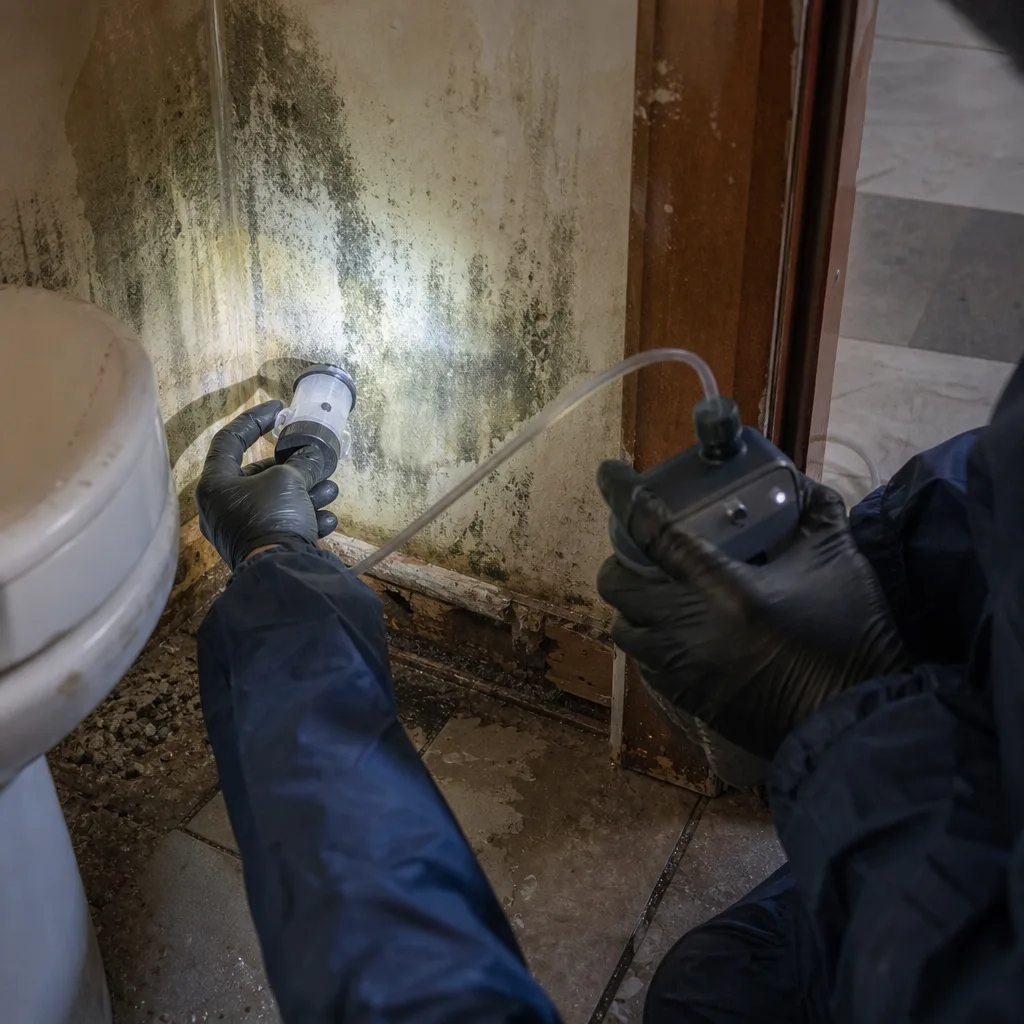 Technician performing professional mold air quality testing in a residential bathroom