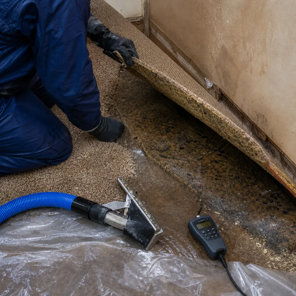 Water damage restoration professional using moisture detection equipment on wet flooring