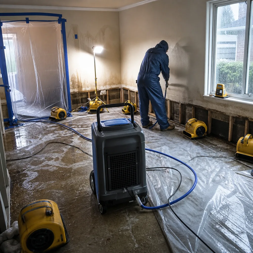 Water damage restoration technician using industrial dehumidifiers and air movers