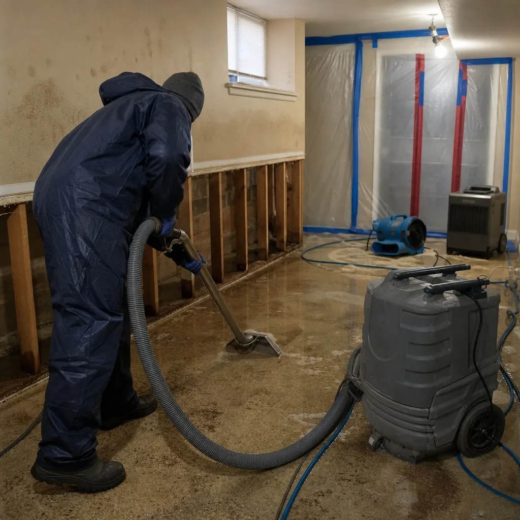 Professional cleaning standing water in a flooded basement for water damage restoration.