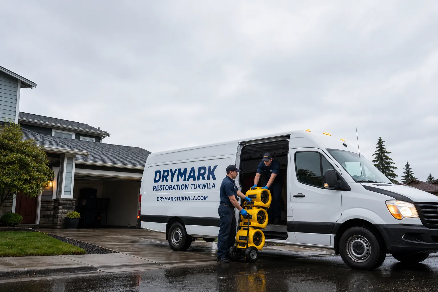 DryMark Restoration Tukwila damage restoration service vehicle and crew in Tukwila, WA